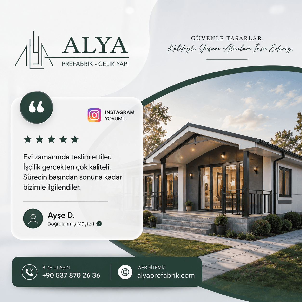 Ayşe D. — Evi zamanında teslim ettiler. İşçilik gerçekten çok kaliteli. Sürecin başından sonuna kadar bizimle ilgilendiler.